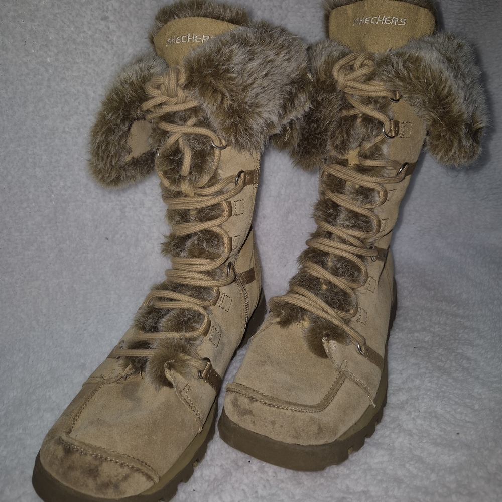 Beige Faux Fur Lace-Up Boots By Sketchers
